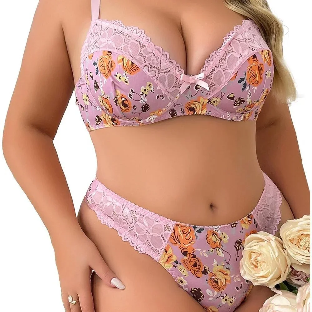 WOMEN'S Purple Floral Sexy Lace Push Up Bra & Babydoll Nightwear Lingerie Set